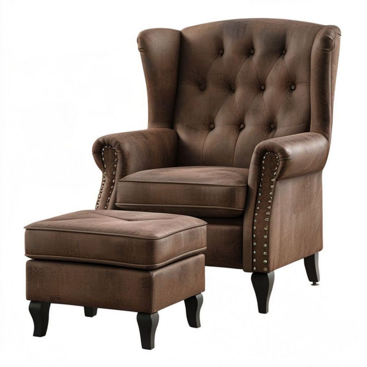 Chesterfield-Ohrensessel mit Hocker aus braunem PU-Kunstleder, 78 x 86 x 110 cm