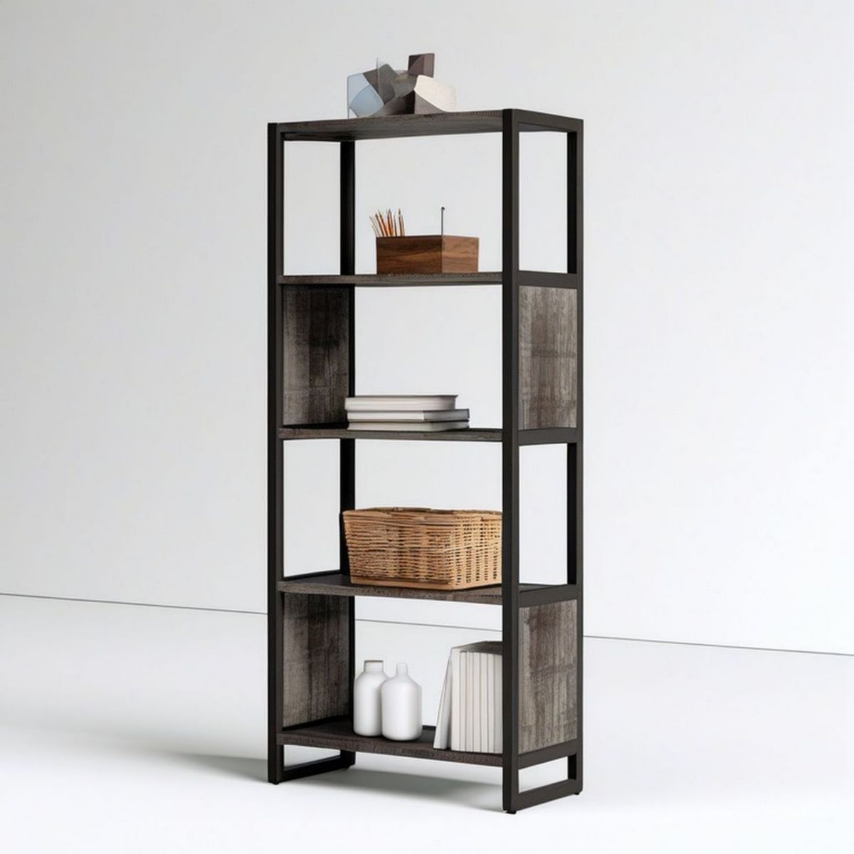 Offenes Bücherregal mit 4 Ablagen, 60 x 30 x 160 cm, Schwarz/Graubraun, Stahl und MDF