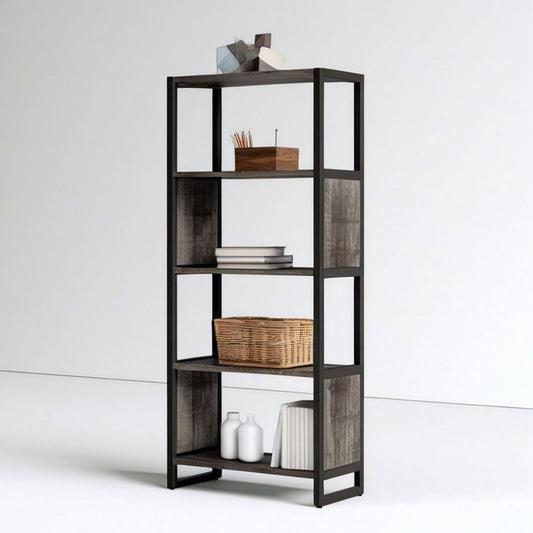 Offenes Bücherregal mit 4 Ablagen, 60 x 30 x 160 cm, Schwarz/Graubraun, Stahl und MDF