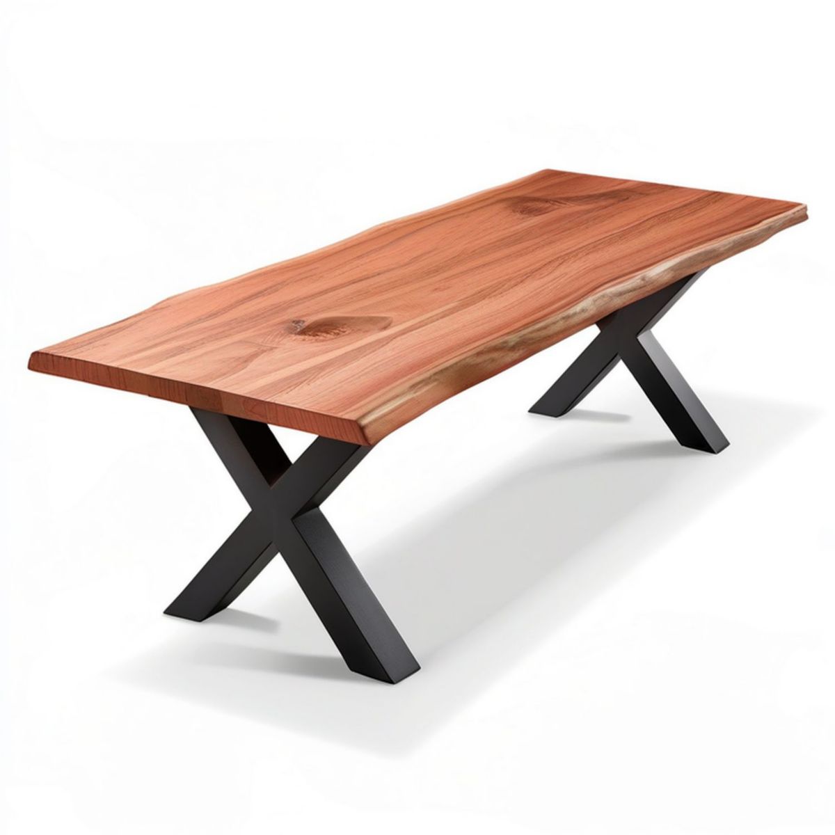 Esstisch aus massivem Akazienholz 180 x 90 x 76 cm, Braun mit schwarzem X-Gestell aus Stahl