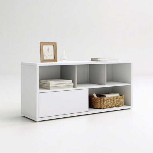 Weisses MDF-Regal mit Schiebetür, 120 x 30 x 60 cm