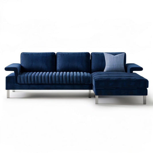 3-Sitzer-Ecksofa mit rechtsseitiger Recamiere, Samt in Dunkelblau, Edelstahlfüsse Silber, 285 x 165 x 85 cm