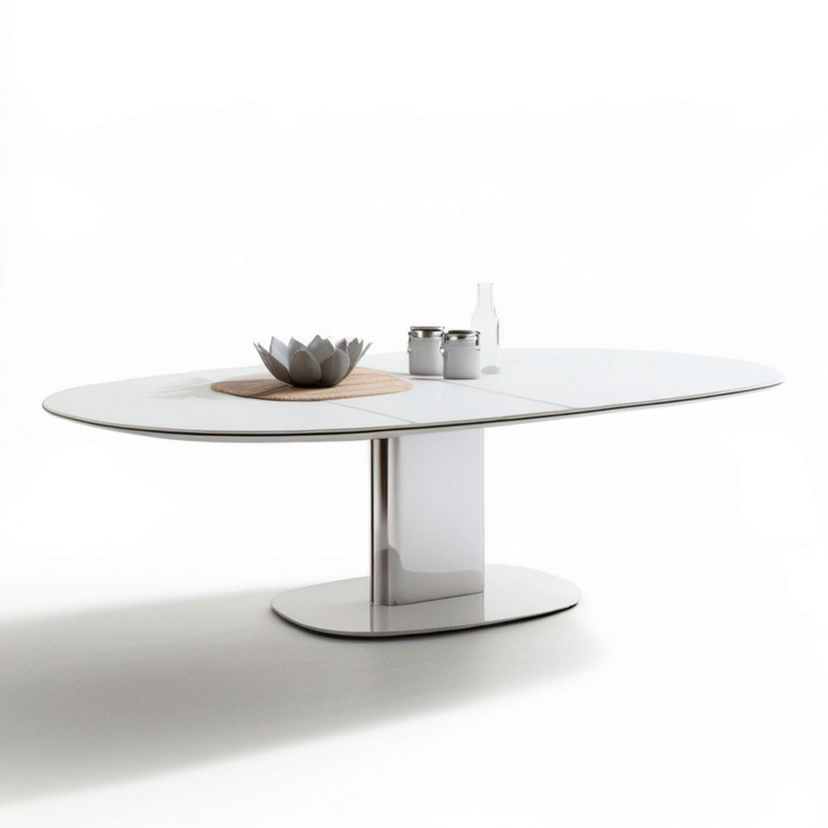 Ovaler Esstisch 200 x 100 x 75 cm Weiss/Silber mit Sicherheitsglasplatte und Edelstahlgestell