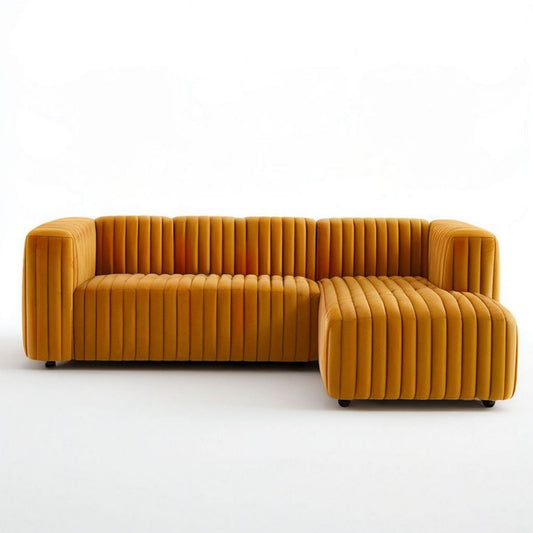 3-Sitzer Ecksofa mit rechter Recamiere, 280 × 165 × 75 cm, Senfgelb, gerippter Polyester-Samt